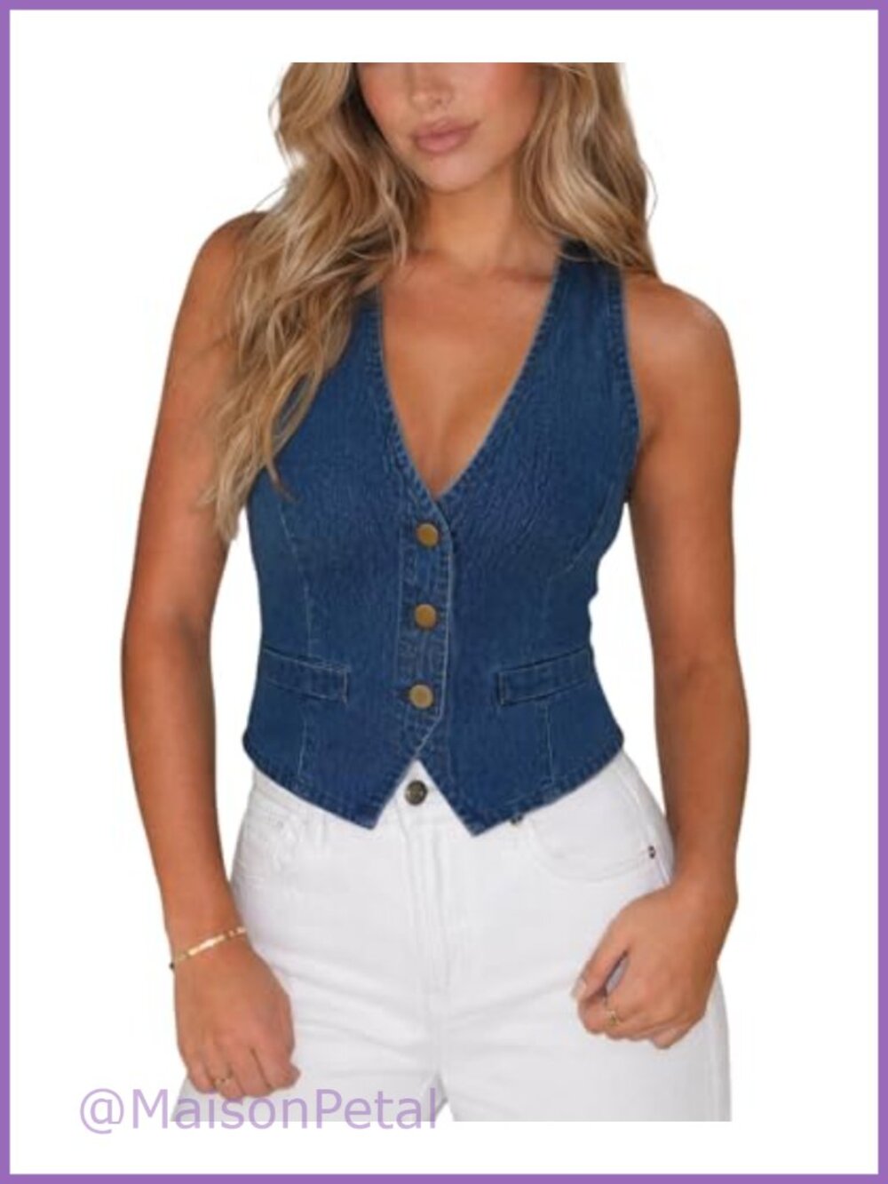 Womens Denim Vest Sleeveless V Neck Button Down Slim Fit Cropped Jean Waistcoat